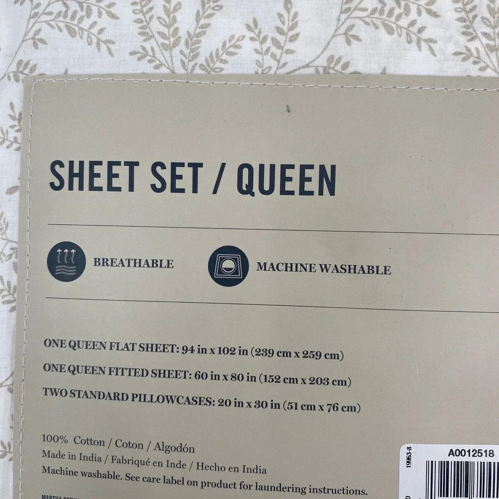 Martha Stewart Sheet Set Queen Sandcastle Tan White Cotton Botanical Vine 4pc